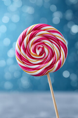 Swirling lollipop candy with pink yellow stripes on stick