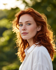 Redhead woman enjoying sunlight in nature portrait