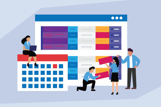 Project Management and Deadline Scheduling, Team Planning Tasks on Digital Kanban Board and Calendar 2d flat vector illustration