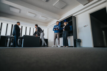 Fototapeta premium A group of professionals work together in a bright, modern office environment, fostering teamwork and effective communication while handling project planning and decision-making tasks.