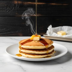 Stack of Hot Pancakes with Butter and Maple Syrup Drizzle – Sweet Breakfast Food Concept