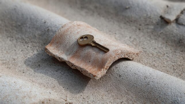 Small key resting on top of a piece of concrete. the key appears to be old and worn, with a golden color and a small hole in the center. the concrete is a light beige color and has a rough texture.