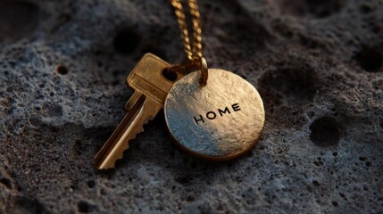 Close-up of a keychain with a round pendant hanging from it. the pendant is made of metal and has the word "home" written on it in a cursive font.