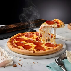 Hot Pepperoni Pizza with Melted Cheese Slice Pull – Fresh Baked Italian Food Concept