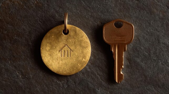 Keychain and a keyring lying on a dark, textured surface. the keychain is round and has a gold-colored metal tag attached to it.