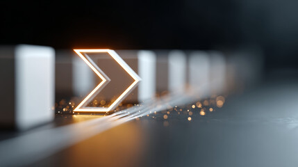 Glowing orange arrow symbol pointing right among blurred white blocks on dark surface with bokeh light effects
