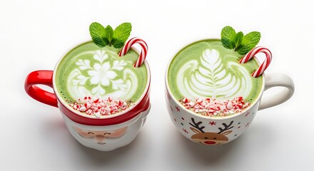Festive matcha latte drinks with mint and candy cane decorations