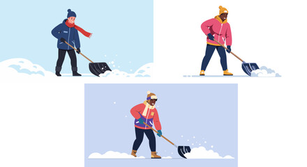 Fototapeta premium Man shoveling snow in winter clothing outdoors in snowy landscape, background, vector, set