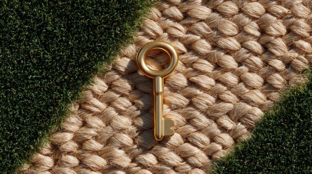 Golden key lying on top of a woven mat. the mat appears to be made of a light-colored material, possibly straw or a similar material, and is laid out on a patch of green grass. - Powered by Adobe
