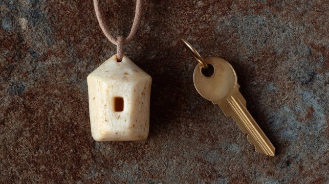Small pendant necklace with a keychain attached to it. the pendant is made of a white ceramic material with a small hole in the center. the keychain is attached to a brown cord with a loop at the top.
