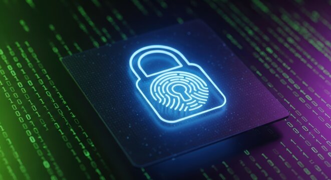 Digital security padlock with fingerprint identification glowing on matrix binary code background illustrates cyber protection and access control