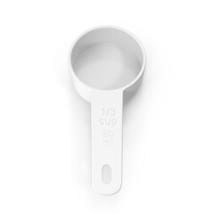 white plastic Measuring Cups and Spoons, on transparent background. 1/3 cup 80mL