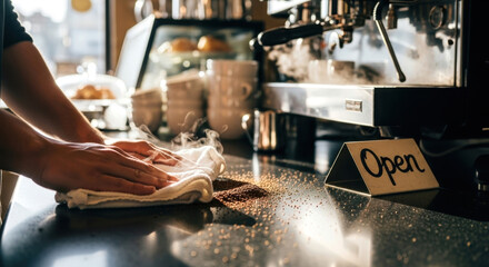 Barista Wiping Coffee Counter with Steam and Open Sign
