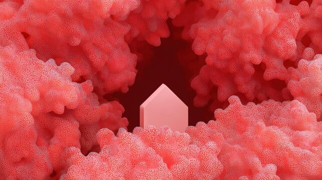 3d rendering of a small pink house in the center of a large group of red coral-like structures.