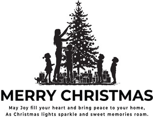 Christmas greeting vector with family silhouette around decorated tree and gifts for festive celebration branding