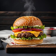 Hot Cheeseburger with Lettuce, Onion, and Tomatoes on Wooden Board – Juicy Fresh Fast Food Concept