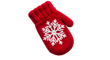 Charming red knitted mitten featuring a delicate white snowflake, isolated on transparent background perfect for adding a touch of winter warmth and festive cheer to your holiday season