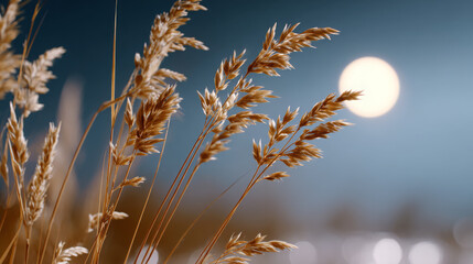 Golden wheat stalks gently sway in the evening breeze under a full moon, creating a serene atmosphere with a soft glow illuminating the landscape and nature's beauty