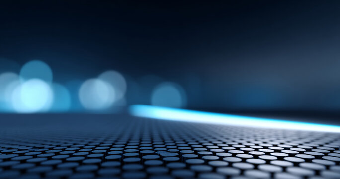 Abstract futuristic surface with circular pattern and glowing blue light in dark environment with bokeh background