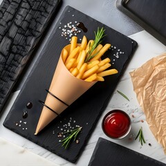 Crispy French Fries in Paper Cone with Ketchup on Black Slate Board – Gourmet Snack Food Presentation