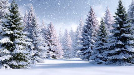 Naklejka premium Snow-covered evergreen trees in a serene winter landscape, with gentle snowfall creating a tranquil atmosphere, inviting exploration and appreciation of nature's beauty
