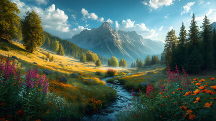 mountain landscape with lake and mountains