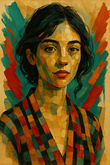 - Contemplative woman looking at viewer against abstract background