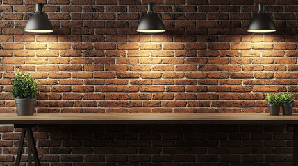 Warmly lit brick wall with a wooden counter and potted plants creating a cozy atmosphere.