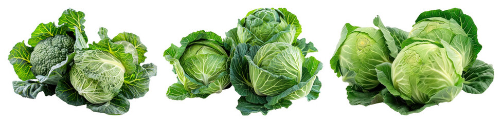 Obraz premium PNG Fresh green cabbage varieties displayed, element set on transparent background