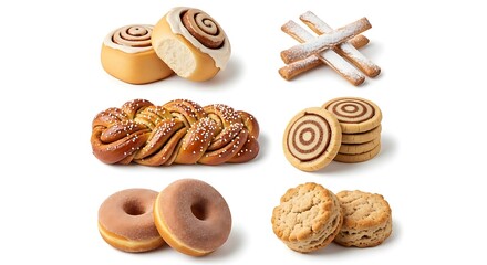 Assorted baked goods cinnamon rolls breads donuts biscuits