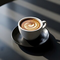 Hot Cappuccino with Swirl Latte Art in White Cup – Cozy Morning Coffee Cafe Concept