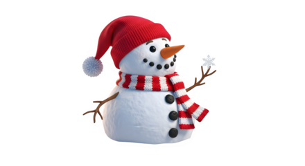 Delightful snowman isolated on transparent background, adorned with a red hat and scarf, holding a delicate snowflake, radiating winter cheer and holiday spirit