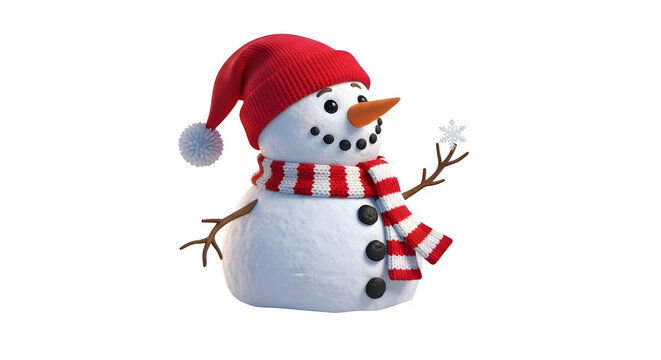 Delightful snowman isolated on transparent background, adorned with a red hat and scarf, holding a delicate snowflake, radiating winter cheer and holiday spirit
