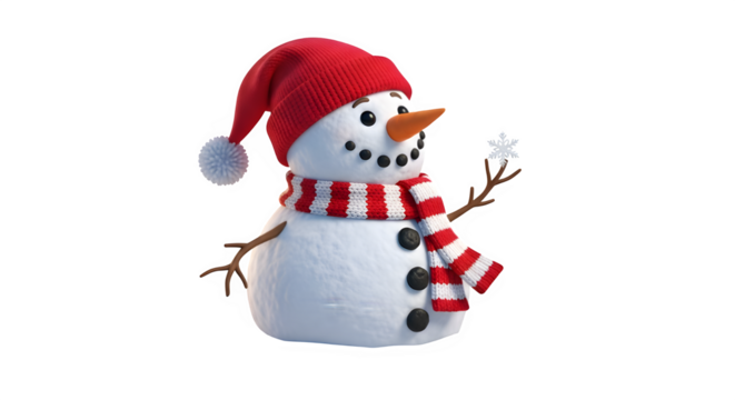 Delightful snowman isolated on transparent background, adorned with a red hat and scarf, holding a delicate snowflake, radiating winter cheer and holiday spirit