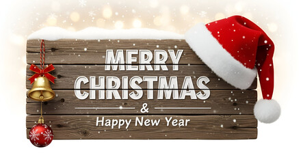 Merry christmas and happy new year text on a snowy rustic wooden sign board with copy space