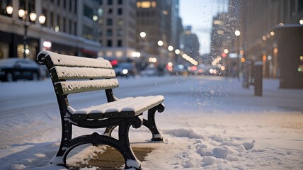 Snow-covered park bench sits in a quiet urban street, surrounded by softly falling snowflakes, creating a serene winter atmosphere with enchanting city lights