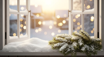 Cozy winter window view with snowy ledge pine branch and blurry bokeh lights christmas background