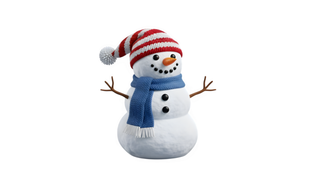 A cheerful snowman isolated on transparent background, adorned with a vibrant red and white striped hat and a cozy blue scarf, stands ready to spread winter joy with its carrot nose and twig arms