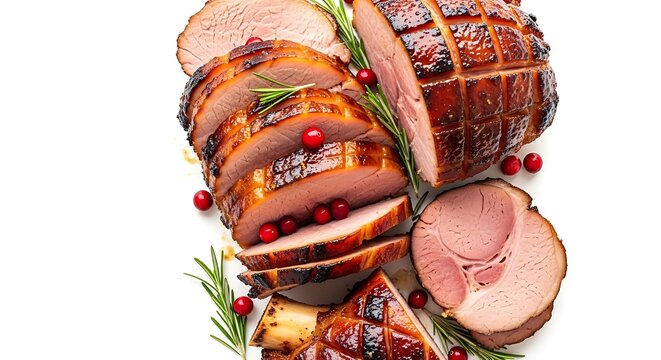 Sliced roasted meat with garnishes isolated on white