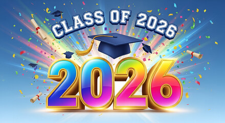 Class of 2026 graduation concept with black mortarboard cap and brightly colored numbers educational milestone