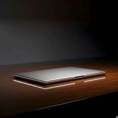 Closed Modern Laptop on Wooden Desk – Minimal Business Technology Workspace Concept