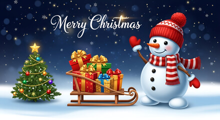 Merry christmas greeting card with smiling snowman pushing a sleigh full of gifts in a snowy night scene