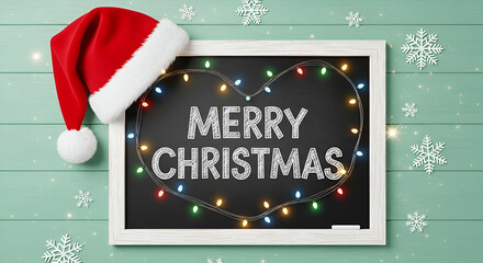 Merry christmas text on black chalkboard with santa hat and colorful christmas lights decoration