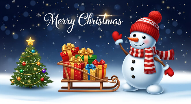 Merry christmas greeting card with smiling snowman pushing a sleigh full of gifts in a snowy night scene - Powered by Adobe