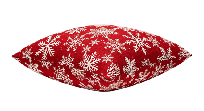 Festive red holiday pillow with white snowflake pattern isolated on transparent background