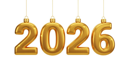 Set of golden 2026 new year numbers hanging as ornaments isolated on a white background holiday decoration