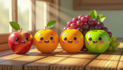 - Smiling fruit characters posing on sunlit wooden table against a grape cluster