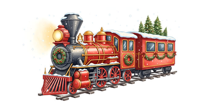 Classic red steam train locomotive with christmas garland in a winter landscape isolated on a white background - Powered by Adobe