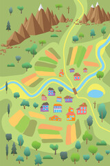 Top view of a colourful landscape map with river, lake, houses, trees, farm field and mountains. Rural areas, geography, travel concepts in a playful, cartoonish style. Aerial. View from above.