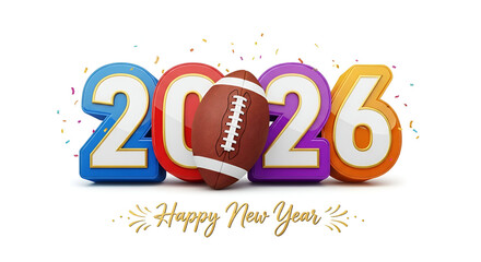 Happy new year 2026 with 3d american football rugby ball and colorful numbers holiday sports theme